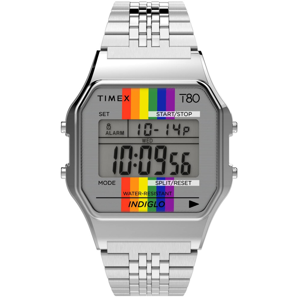 Timex T80 34mm Watch - Silver-Tone with Pride Ranbow & Stainless Steel