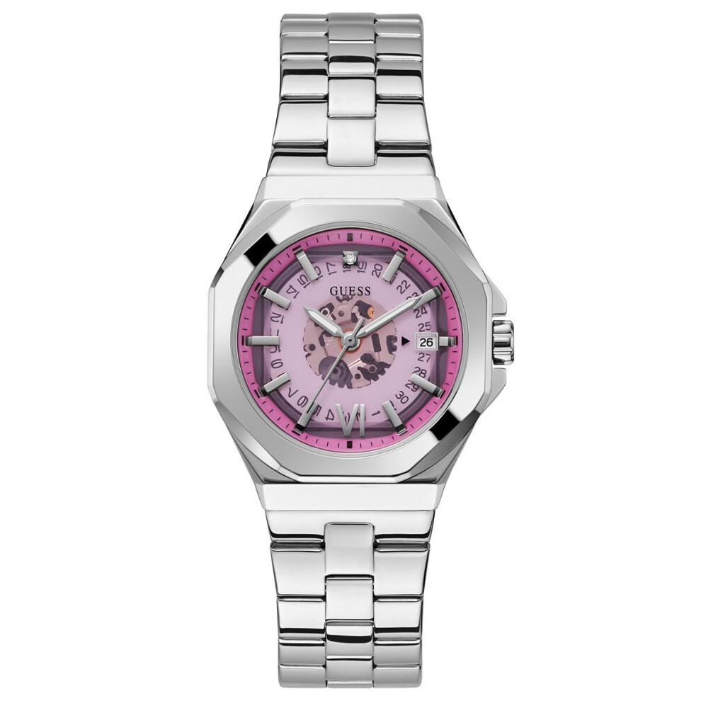 GUESS Ladies 34mm Watch - Silver Tone Strap Pink Dial Silver Tone Case