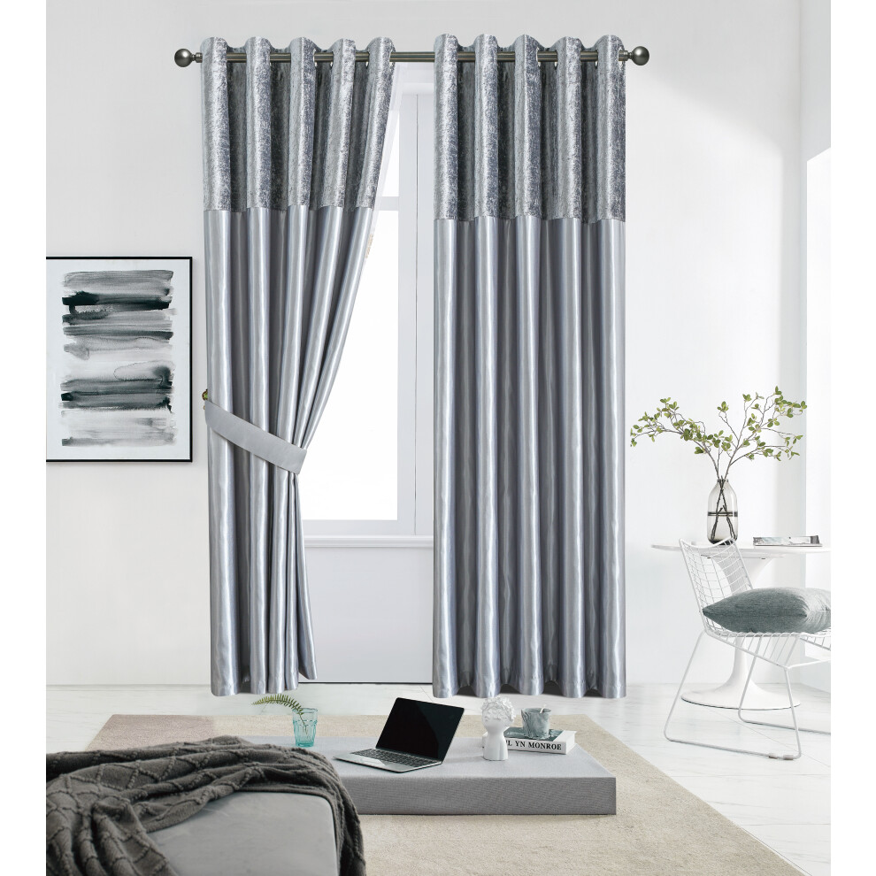 (Silver / Grey, 66"X72") Crushed Velvet Band Curtains PAIR Eyelet Faux Silk Fully Lined Ring Top UK Sizes