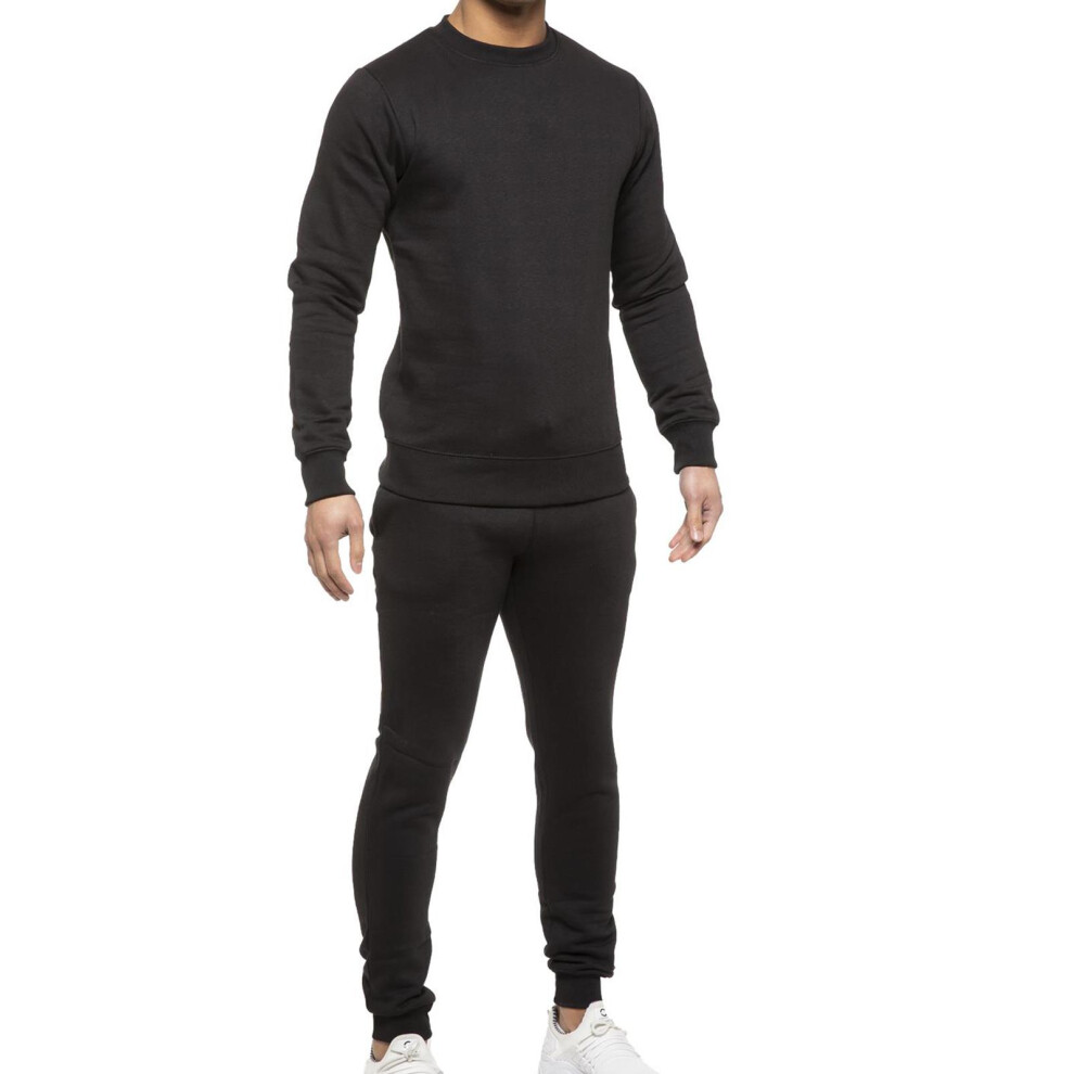 (Black - Crew Neck, S) Mens Tracksuit Set Athletic Running Jogging Suit