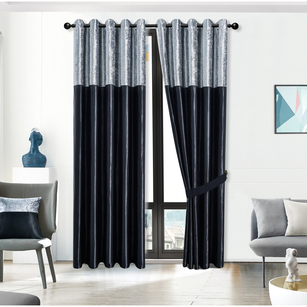 (Silver / Black, 66"X72") Crushed Velvet Band Curtains PAIR Eyelet Faux Silk Fully Lined Ring Top UK Sizes