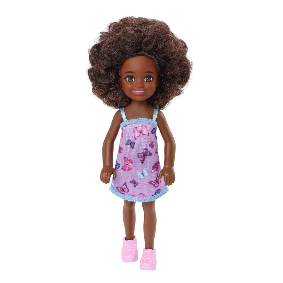 Barbie Chelsea Doll (Curly Brunette Hair) Wearing Butterfly-Print Dres