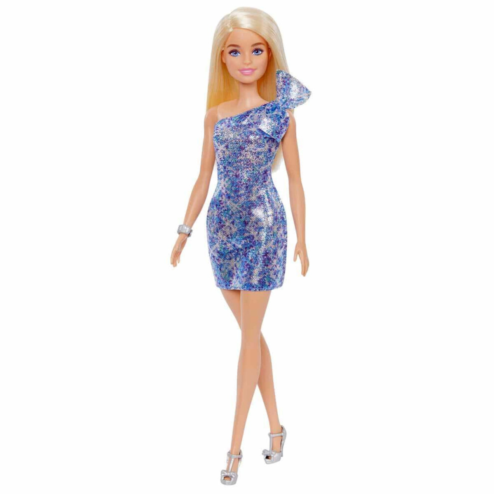 Barbie Blonde Hair Blue Eyes with Short Blue Sequins Mini Dress and Si