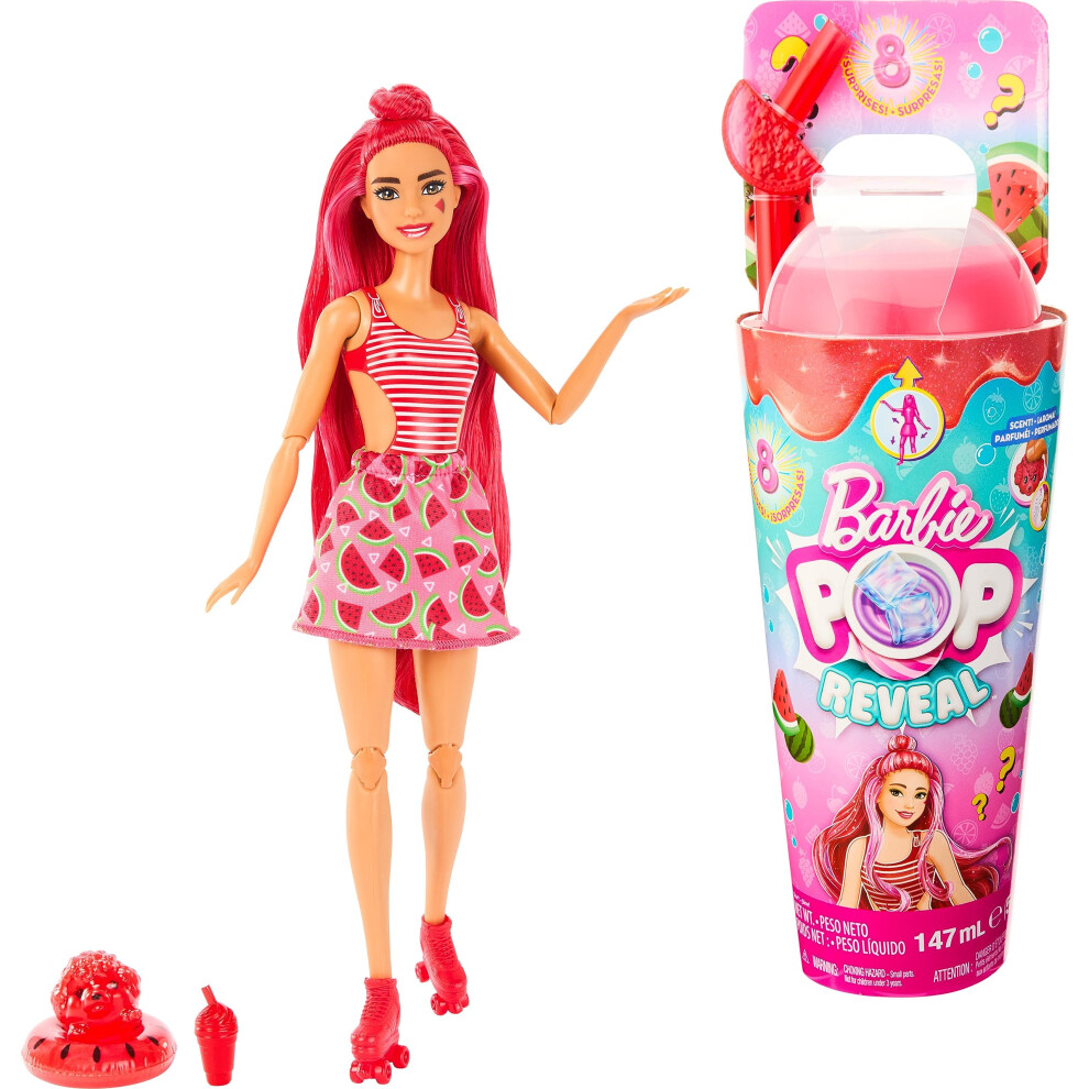 Barbie - Pop Reveal Serie Frutta, Bambola A Tema Spremuta Di Anguria Con 8 Sorprese Profumate E Con Effetto Cambia Colore, Cucciolo E Accessori Slime Inclusi, Giocattolo Per Bambini, 3+ Anni, HNW43-image