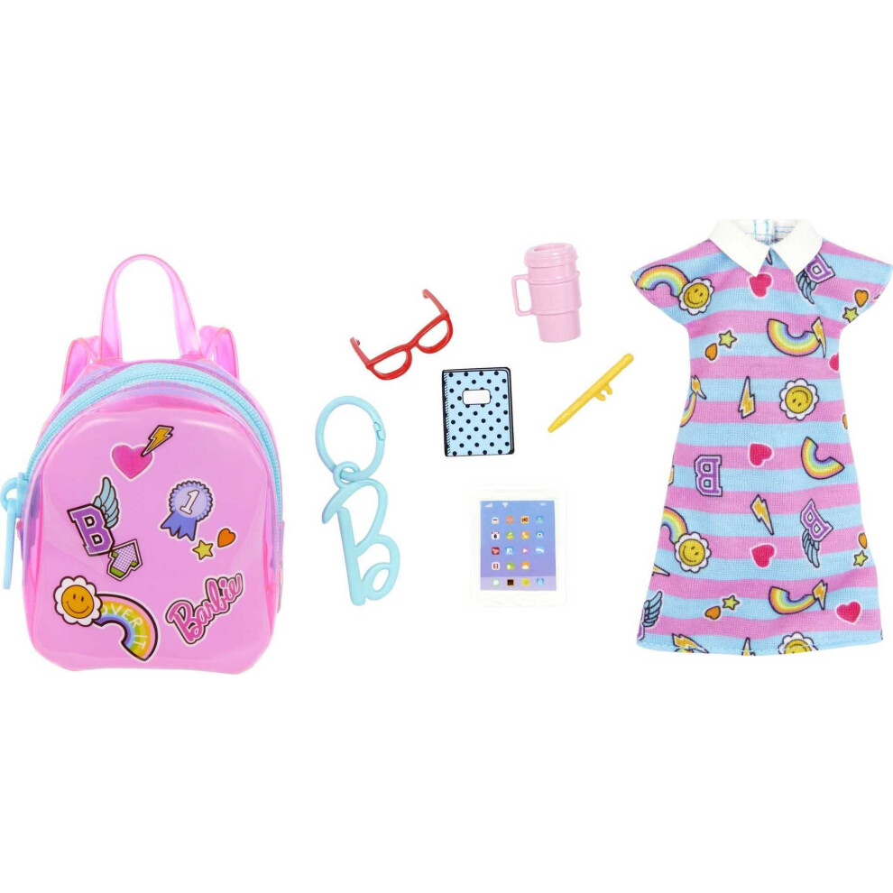 Barbie Clothes  Deluxe Clip-On Bag with School Outfit and Five Themed