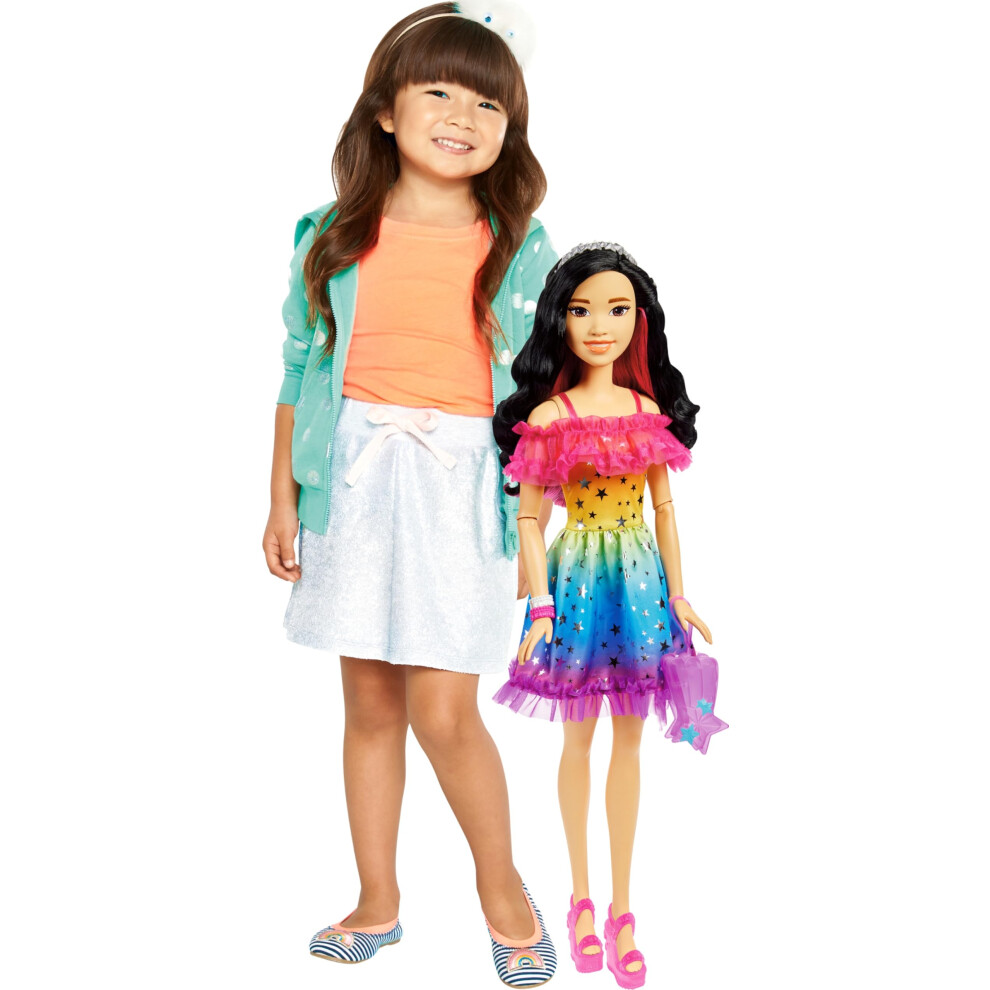 Barbie Large Doll with Black Hair  28 Inches Tall with Rainbow Dress &