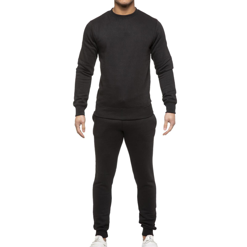 (Black - Crew Neck, M) Mens Tracksuit Set Athletic Running Jogging Suit