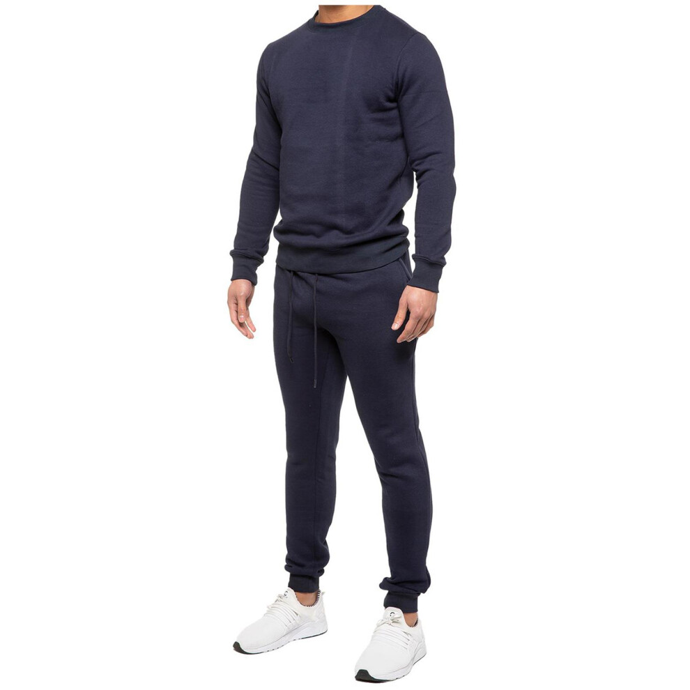 (Navy - Crew Neck, S) Mens Tracksuit Set Athletic Running Jogging Suit