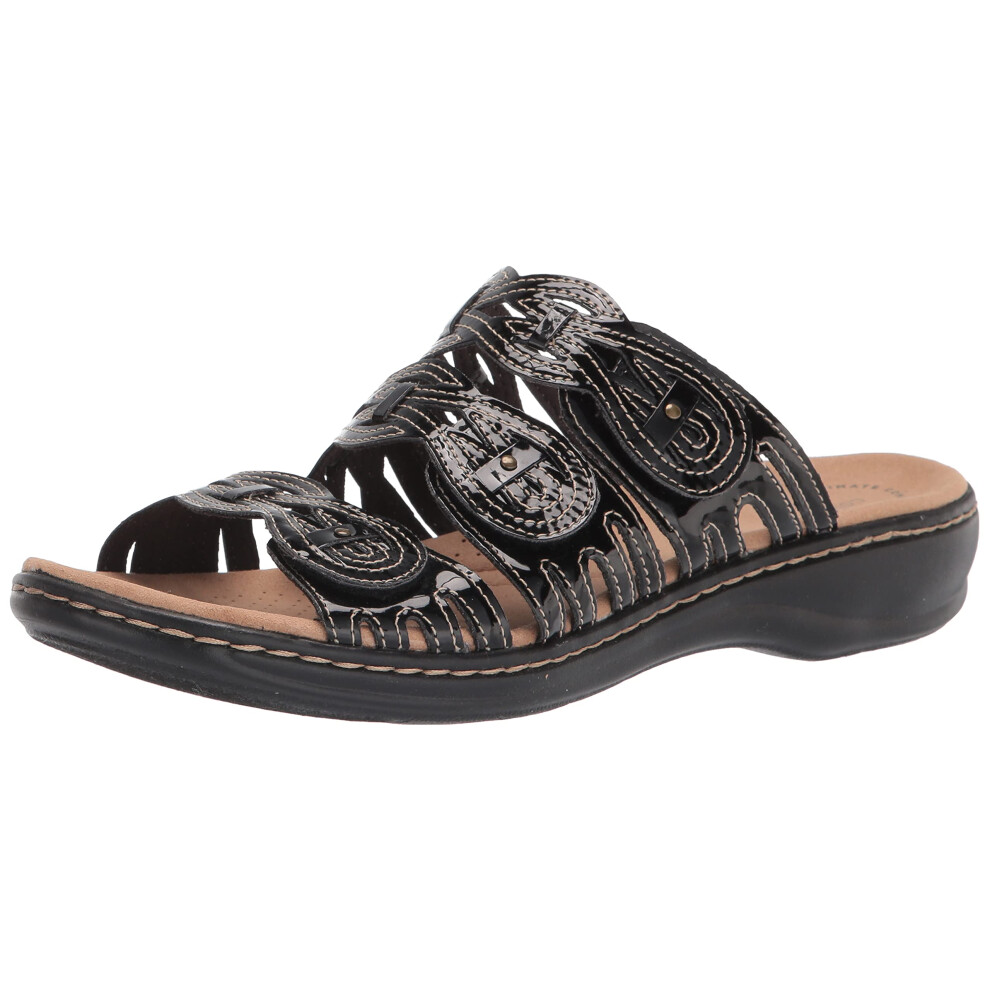 Clarks Women's Leisa Faye Flat Sandal  Black Patent Synthetic  7W