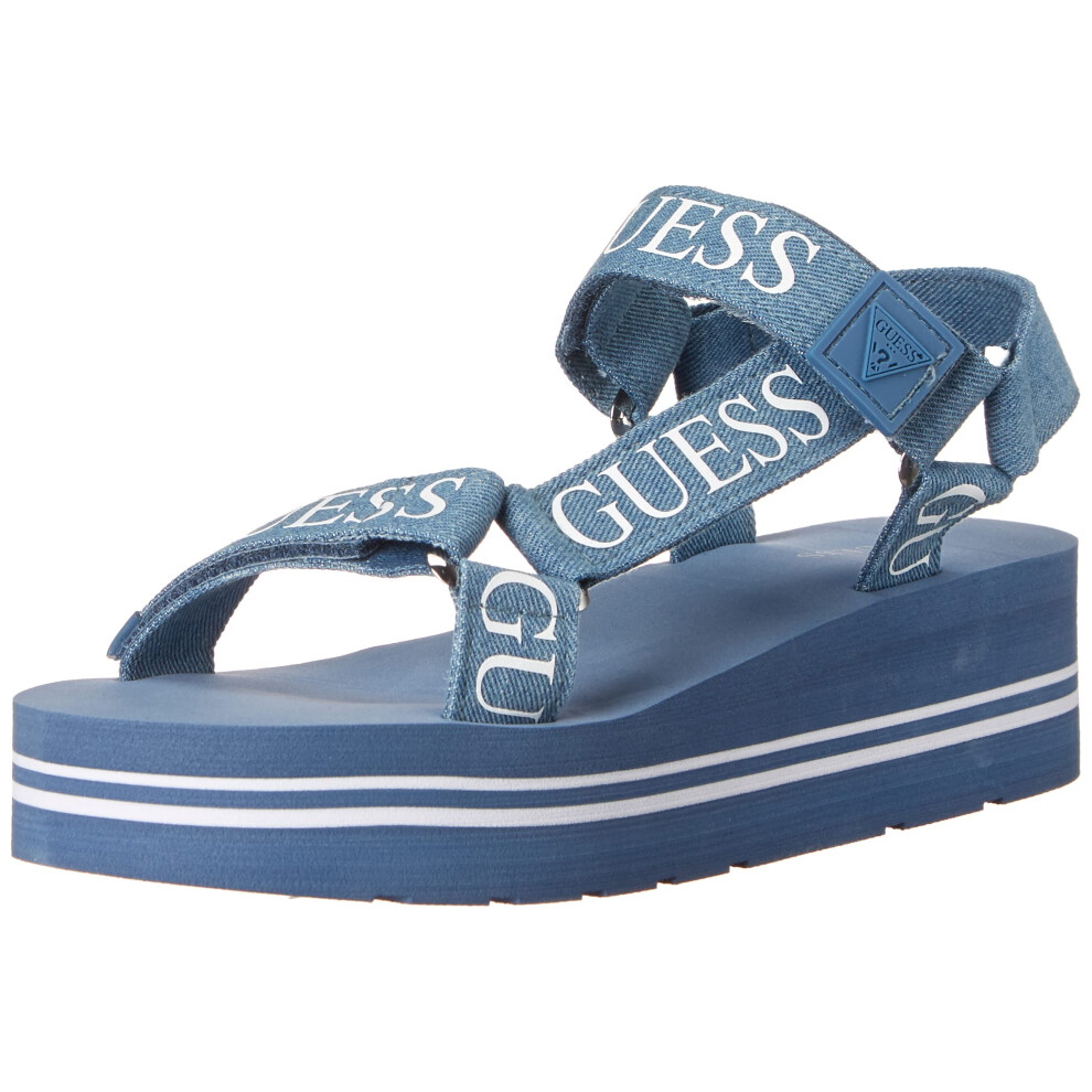 Guess Women's AVIN Wedge Sandal  Blue+White Denim  8.5