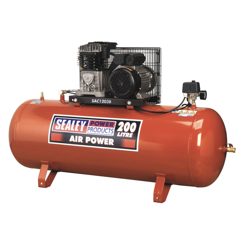 Sealey 200L Belt Drive Air Compressor With Cast Cylinders & Wheels 3.5Hp Sac1203b 5054630497469