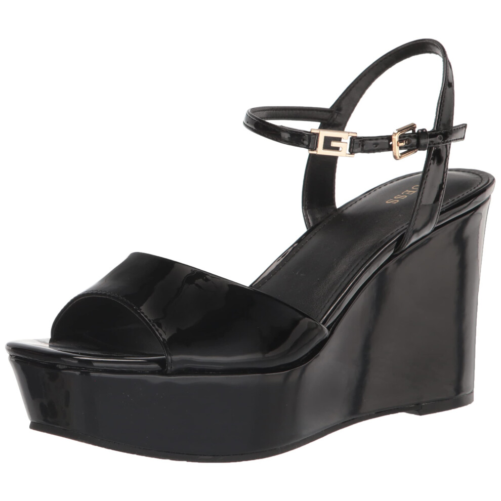 Guess Women's ZIONE Wedge Sandal  Black Patent  9.5