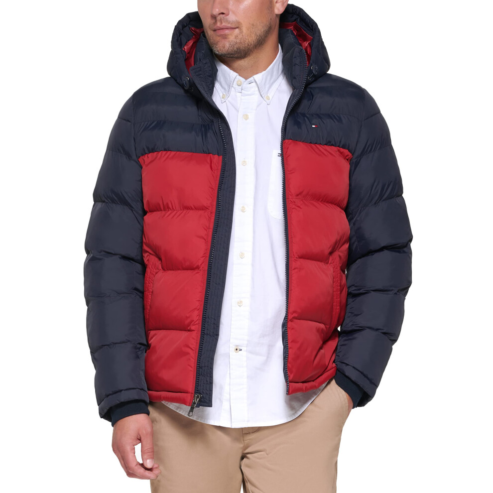 Tommy Hilfiger Men's Hooded Puffer Jacket  Midnight/red Color Block  X