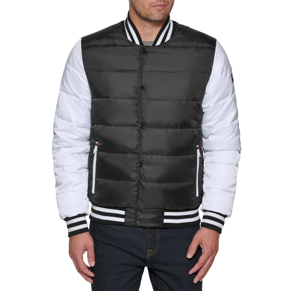 Tommy Hilfiger Men's Quilted Varsity Puffer Bomber  Black/White  Small