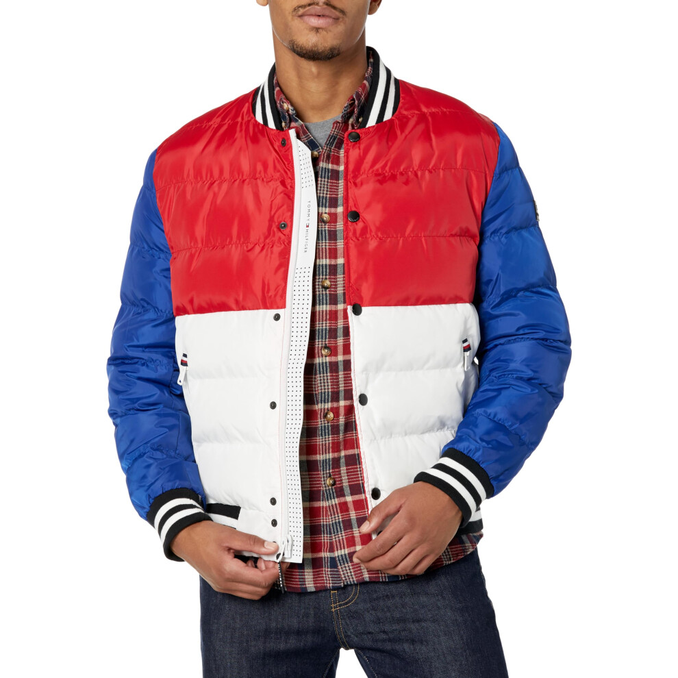 Tommy Hilfiger Men's Quilted Varsity Puffer Bomber  Bright Combo