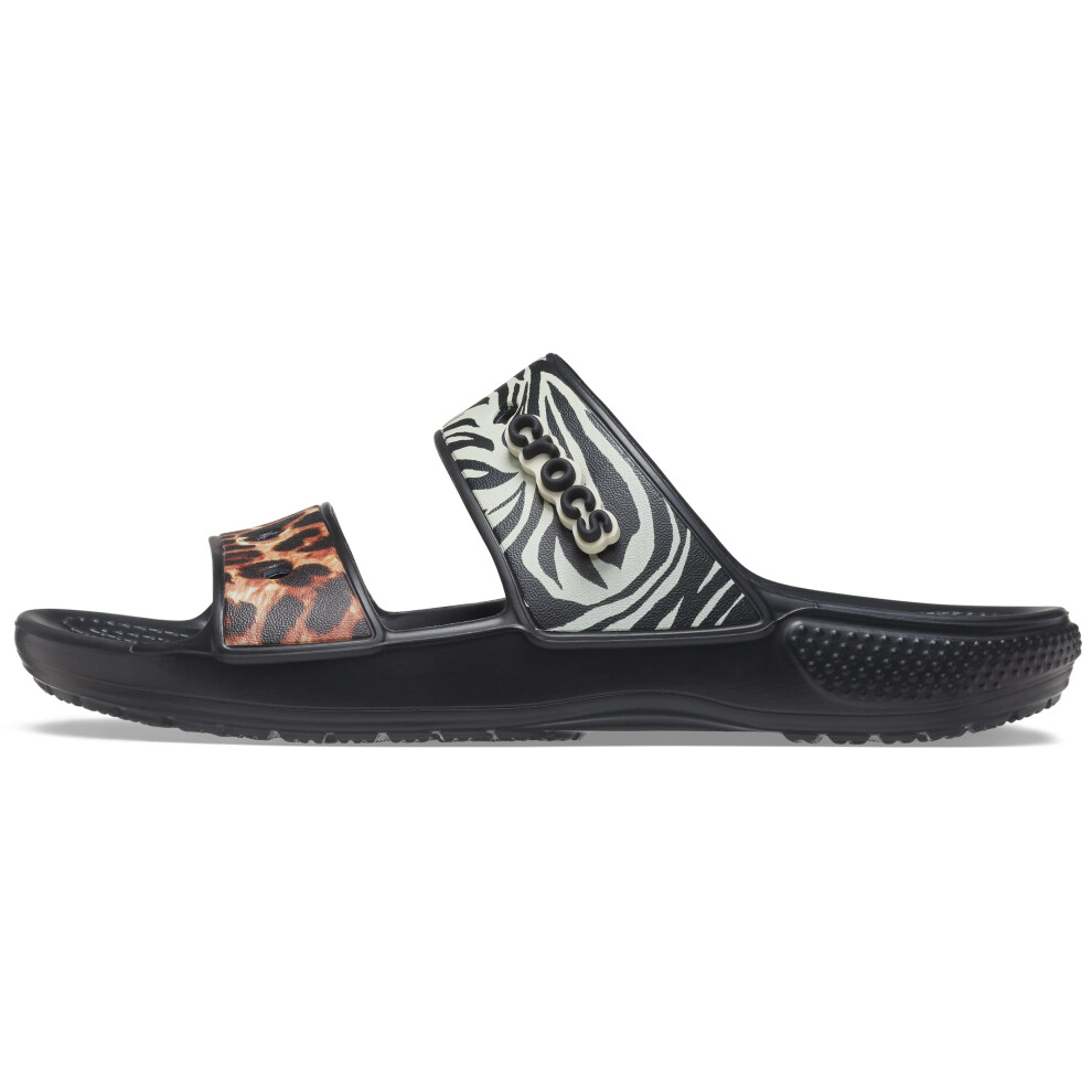 Crocs Unisex Classic Graphic Two-Strap Slide Sandals  Black/Multi  Num