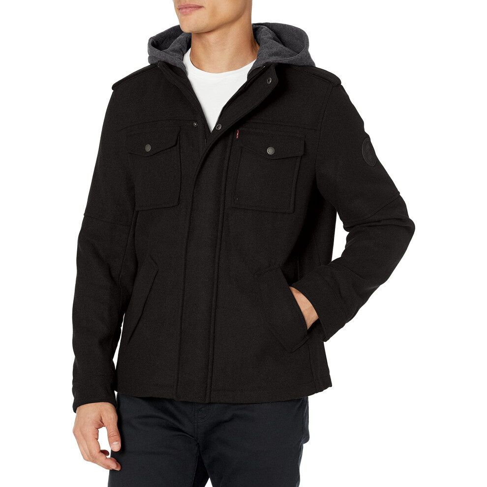 Levi's Men's Wool Blend Military Jacket with Hood  black  Medium