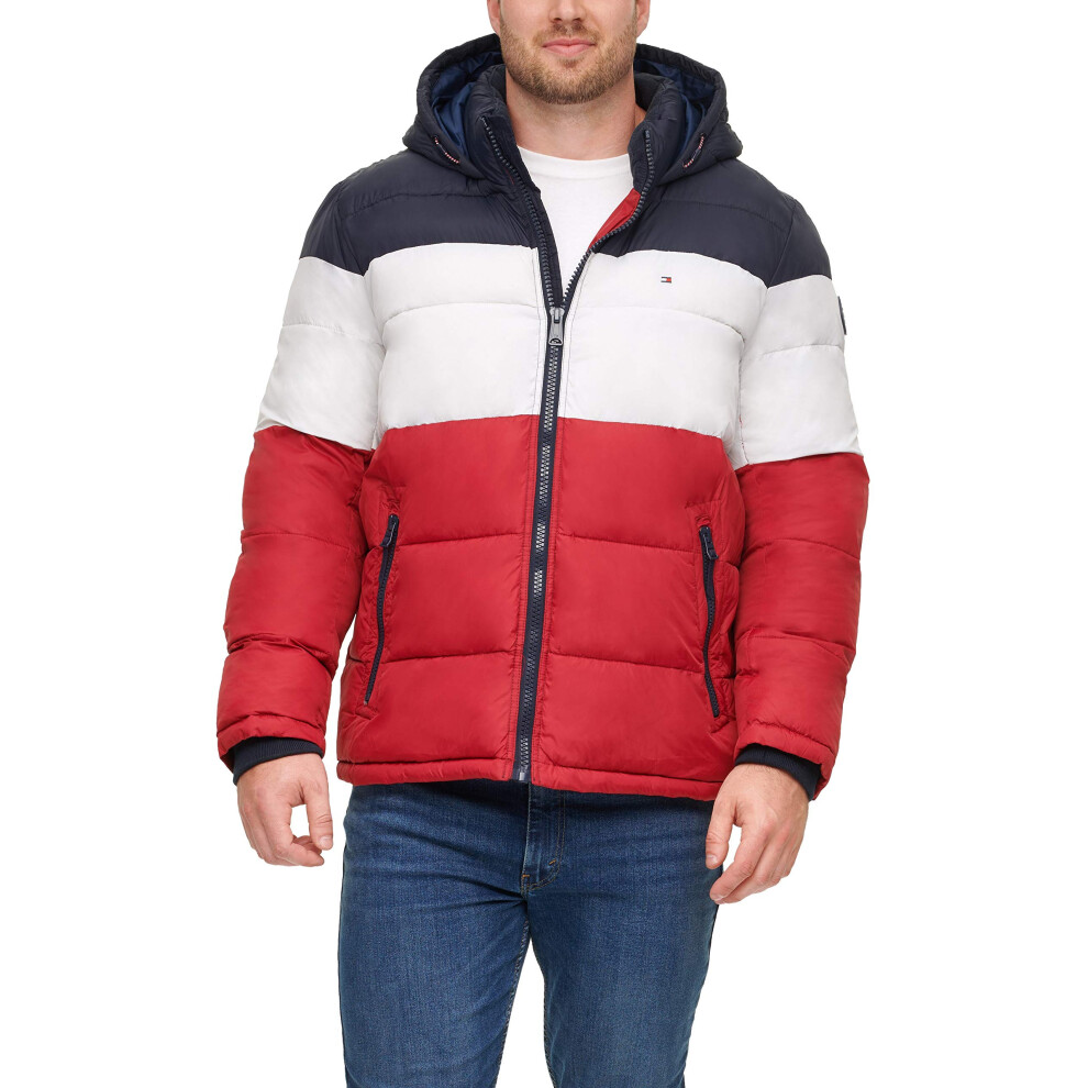 Tommy Hilfiger Men's Big Hooded Puffer Jacket  Midnight/Ice/Red  3X-La