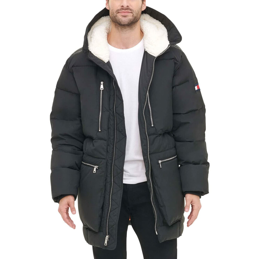 Tommy Hilfiger Men's Heavyweight Quilted Sherpa Hooded Parka  Black  X