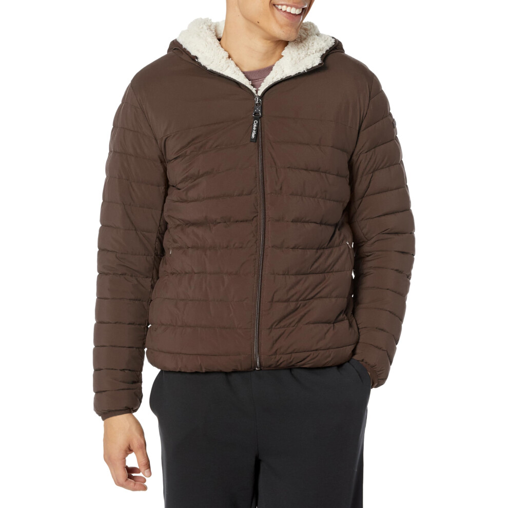 Calvin Klein Men's Hooded Down Jacket  Quilted Coat  Sherpa Lined  Bro