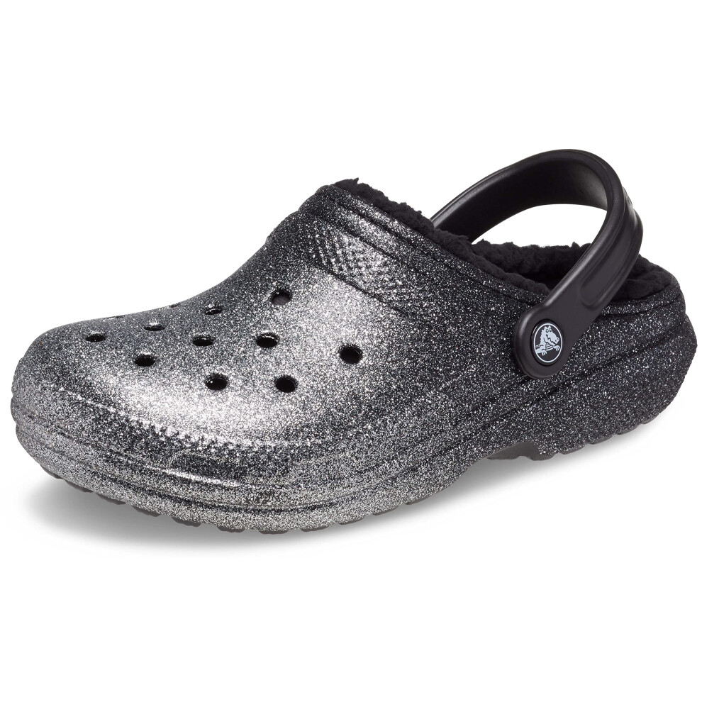 Crocs Unisex Classic Glitter Lined Clogs | Fuzzy Slippers  Black/Silve