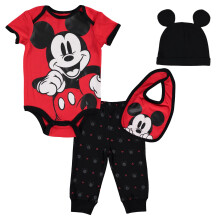 Disney Mickey Mouse Sp?db?rn Baby Drenge 4 stykke outfit s?t: Bodysuit Bukser Hagesm?k Hat R?d/Sort 12 m?neder