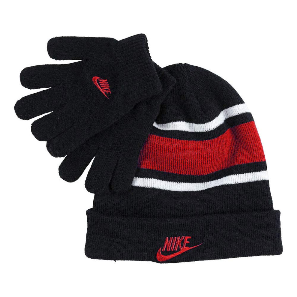 Nike Boy`s Futura Foldover Beanie & Glove 2 Piece Set (Black(9A2837-R1