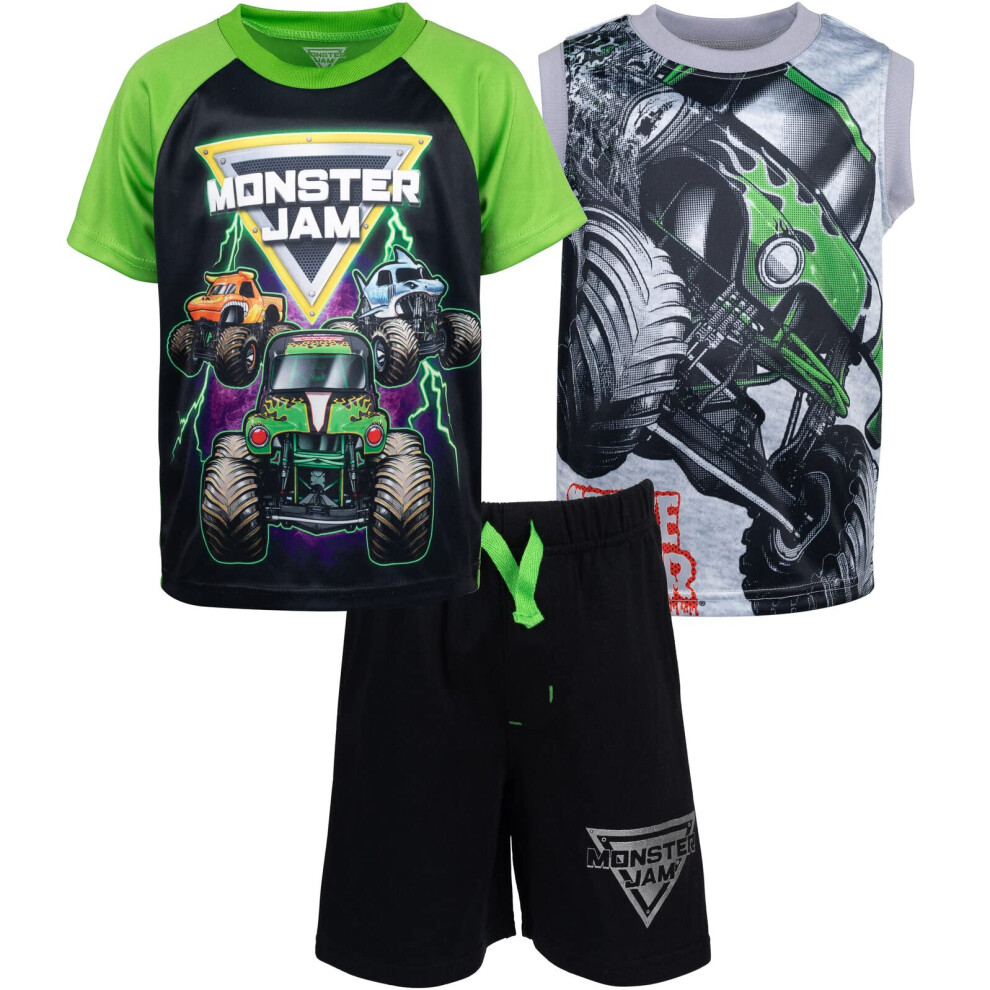 Monster Jam Trucks Little Boys 3 Piece Outfit Set: T-Shirt Tank Top Fr