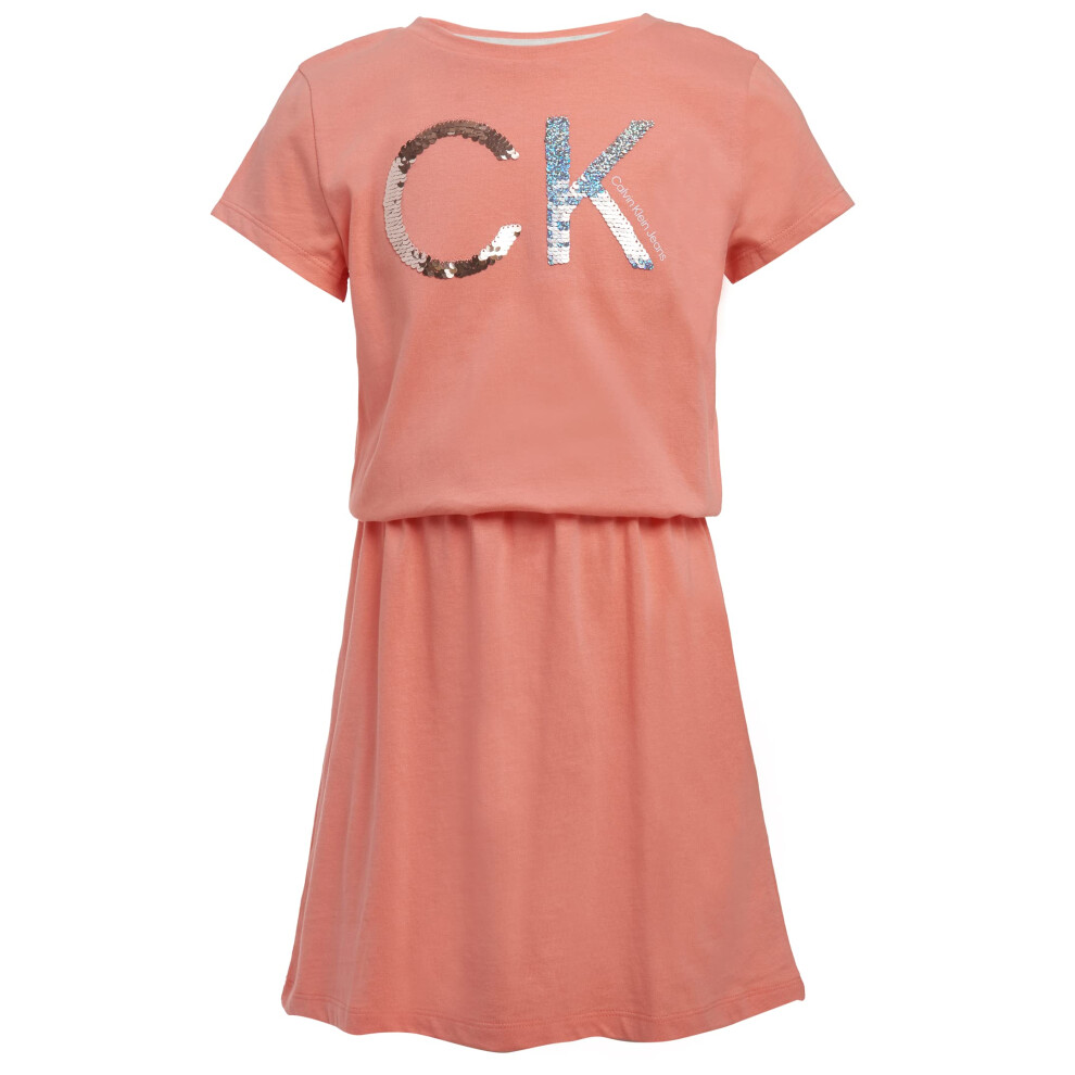 Calvin Klein Girls' Short Sleeve Cotton Logo Dress  Elastic Cinched Wa