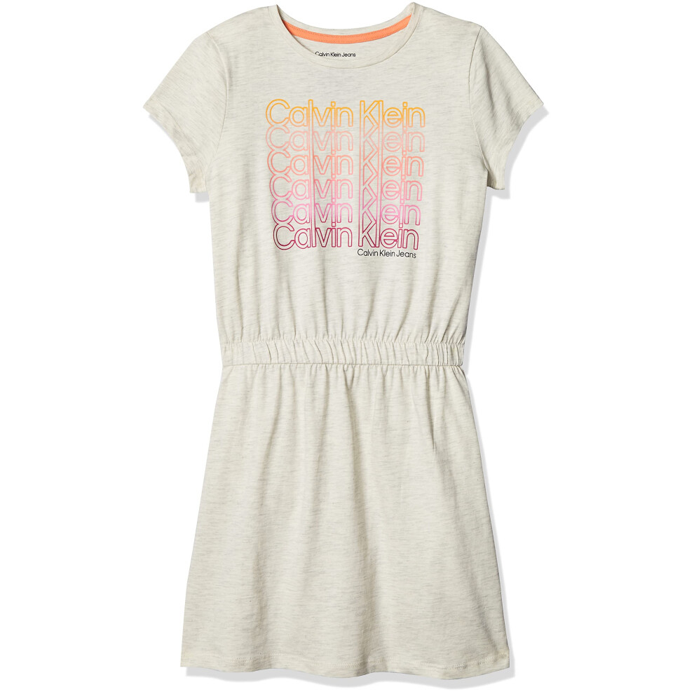 Calvin Klein Girls' Short Sleeve Cotton Logo Dress  Elastic Cinched Wa