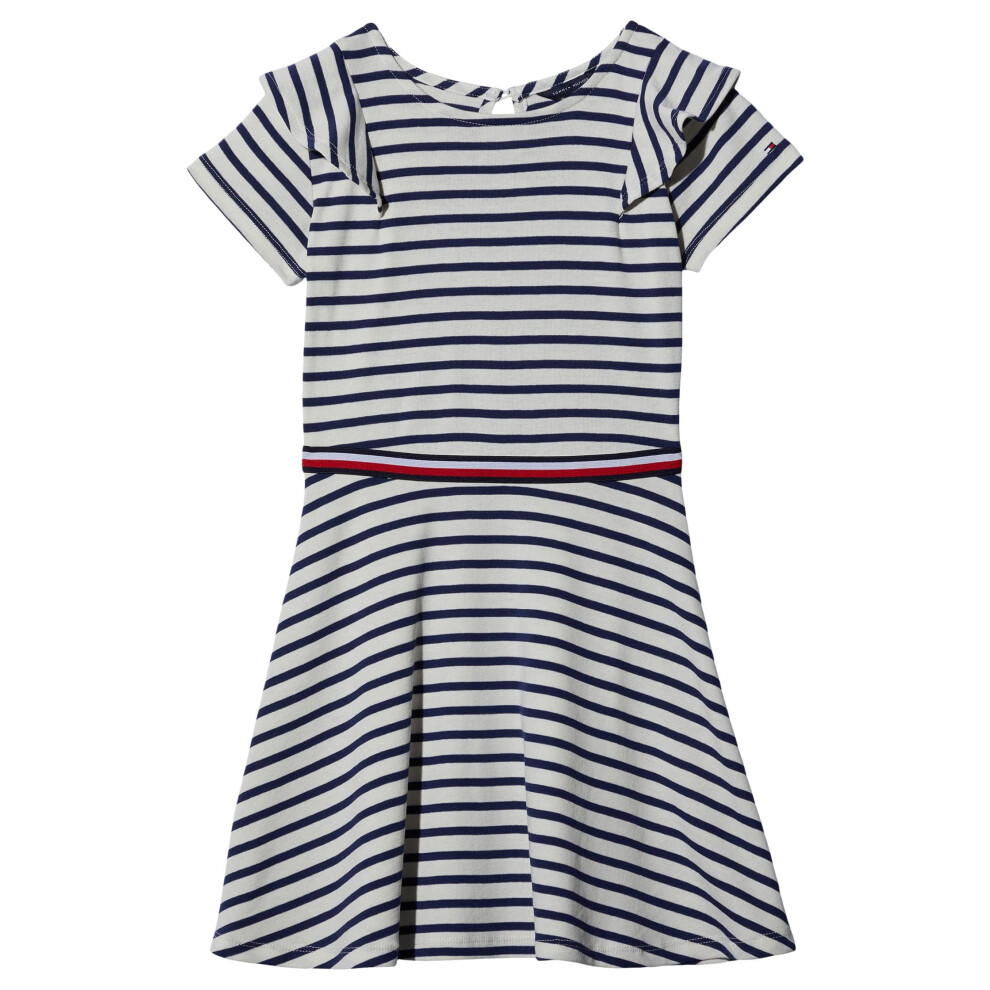 Tommy Hilfiger Girls' Short Sleeve Striped Dress  Egret Ruffle  12-14