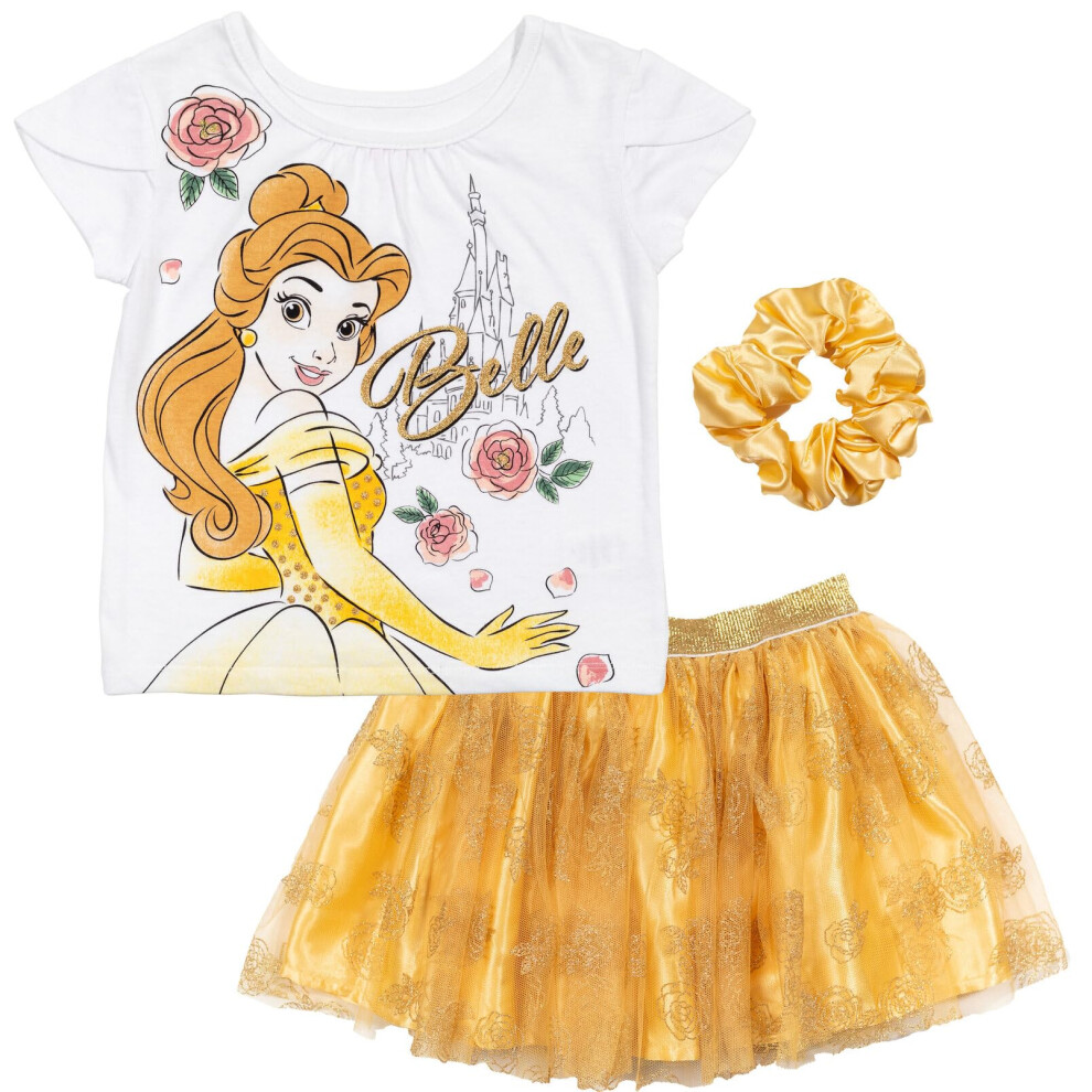 Disney Princess Belle Little Girls Graphic T-Shirt Mesh Skirt and Scru