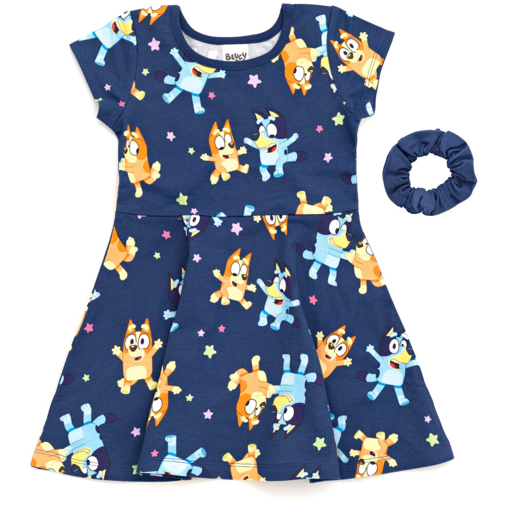 Bluey Bingo Little Girls Skater French Terry Dress and Scrunchie 6 Blu