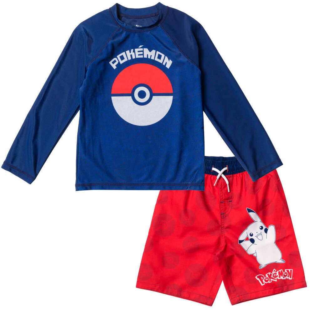 Pokemon Pikachu Big Boys Rash Guard and Swim Trunks Blue/Red 10-12