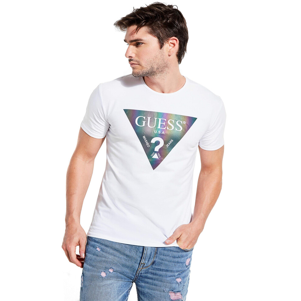 GUESS mens Crewneck Short Sleeve Color Shades Tee T Shirt  True White