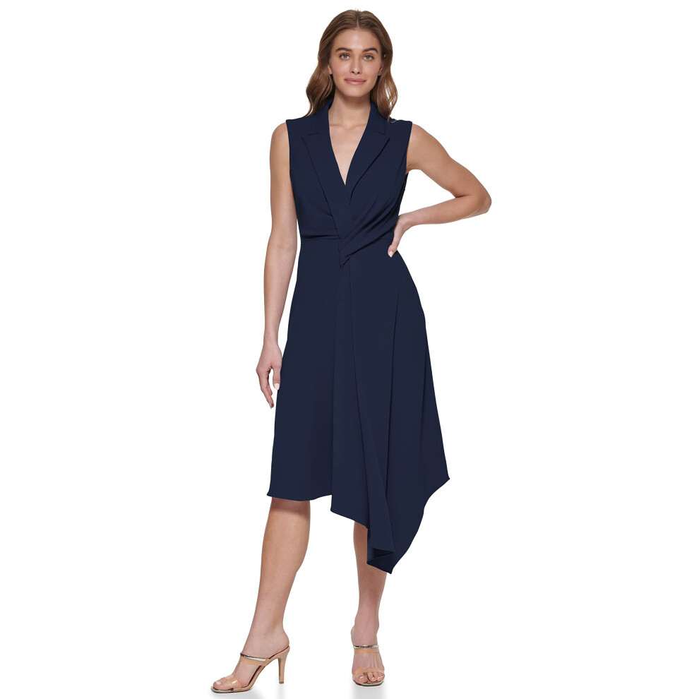 DKNY Women's Asymetrical Hem Scuba Crepe V-Neck Dress  Navy  16