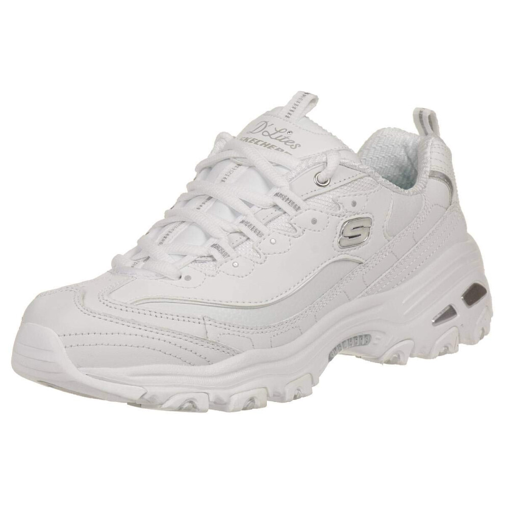 Skechers Women's D'lites Memory Foam Lace-Up Sneaker White Silver 7 M