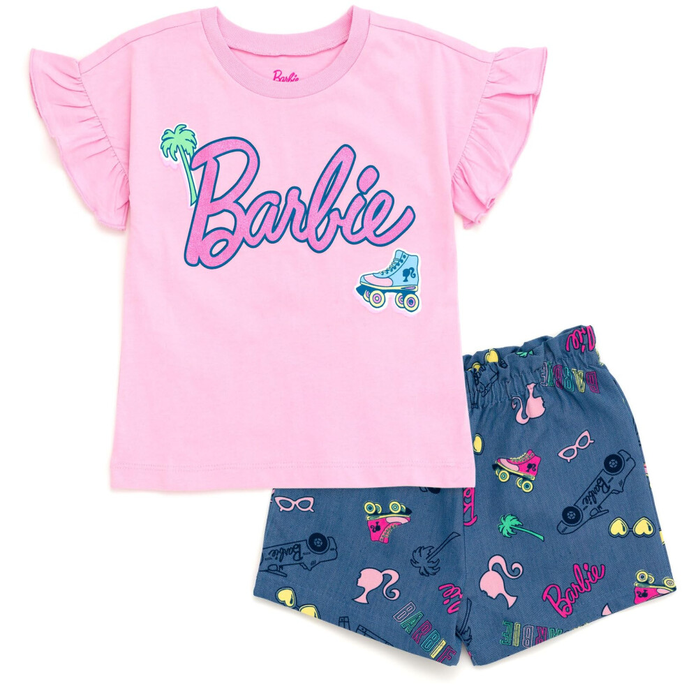 Barbie Big Girls T-Shirt and Chambray Shorts Outfit Set Logo 10-12