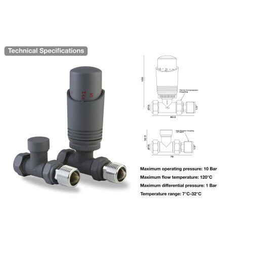 Designer Anthracite Thermostatic Radiator Valve TRV - Straight 1