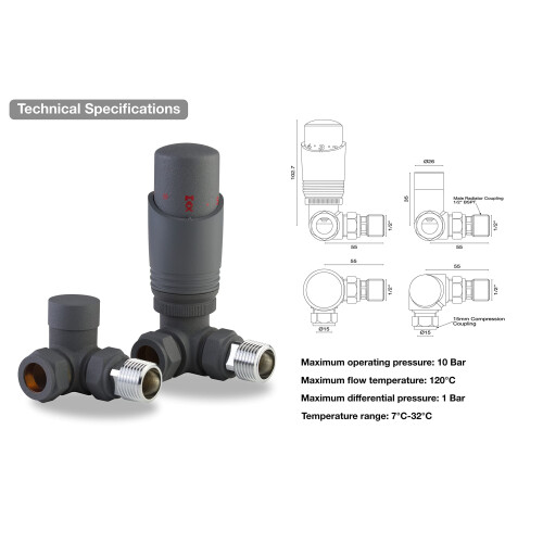 Designer Anthracite Thermostatic Radiator Valve TRV Twin Pack - Corner 1