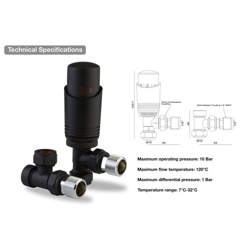 Designer Black Thermostatic Radiator Valve TRV Twin Pack - Angled 1