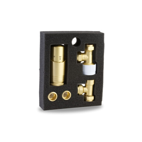 Designer Brushed Brass Thermostatic Radiator Valve TRV Twin Pack - Angled 2