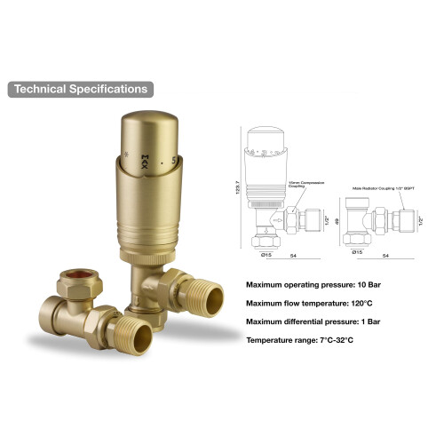 Designer Brushed Brass Thermostatic Radiator Valve TRV Twin Pack - Angled 1