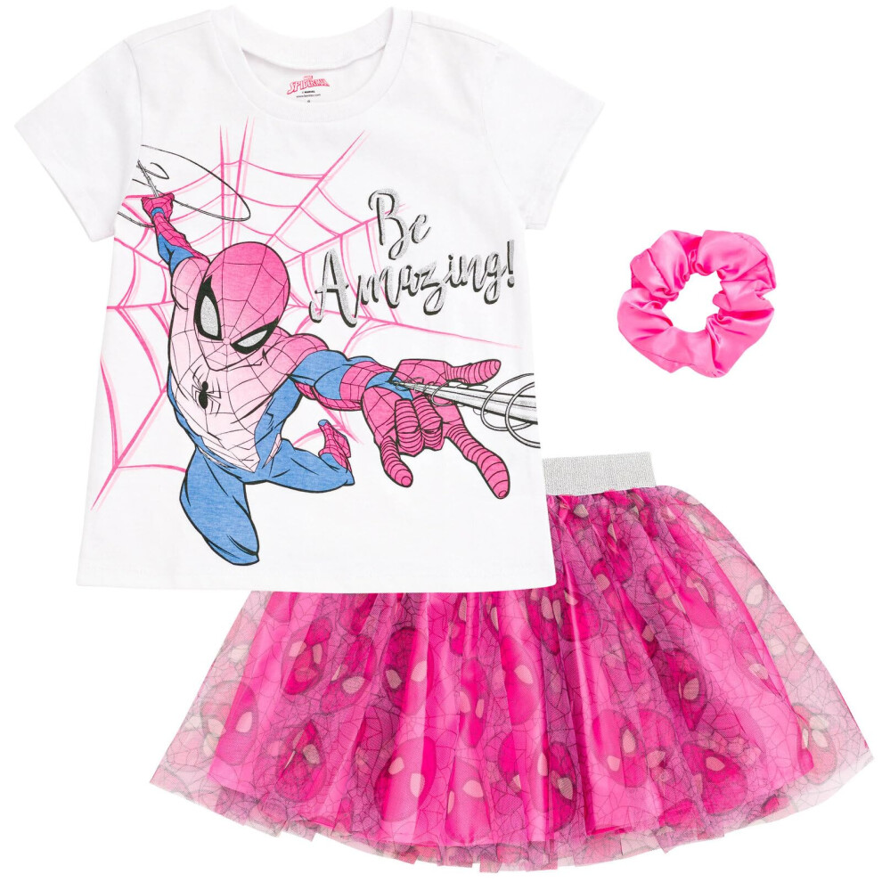 Marvel Spider-Man Toddler Girls T-Shirt Tulle Mesh Skirt and Scrunchie