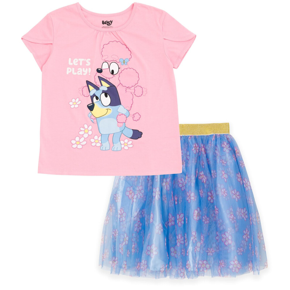 Bluey Coco Floral Toddler Girls T-Shirt and Tulle Mesh Skirt Pink/Blue