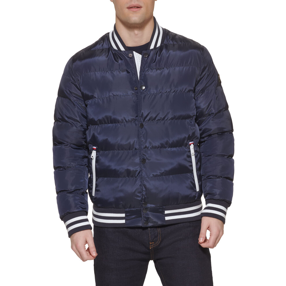 Tommy Hilfiger Men's Quilted Varsity Puffer Bomber  Midnight/Midnight