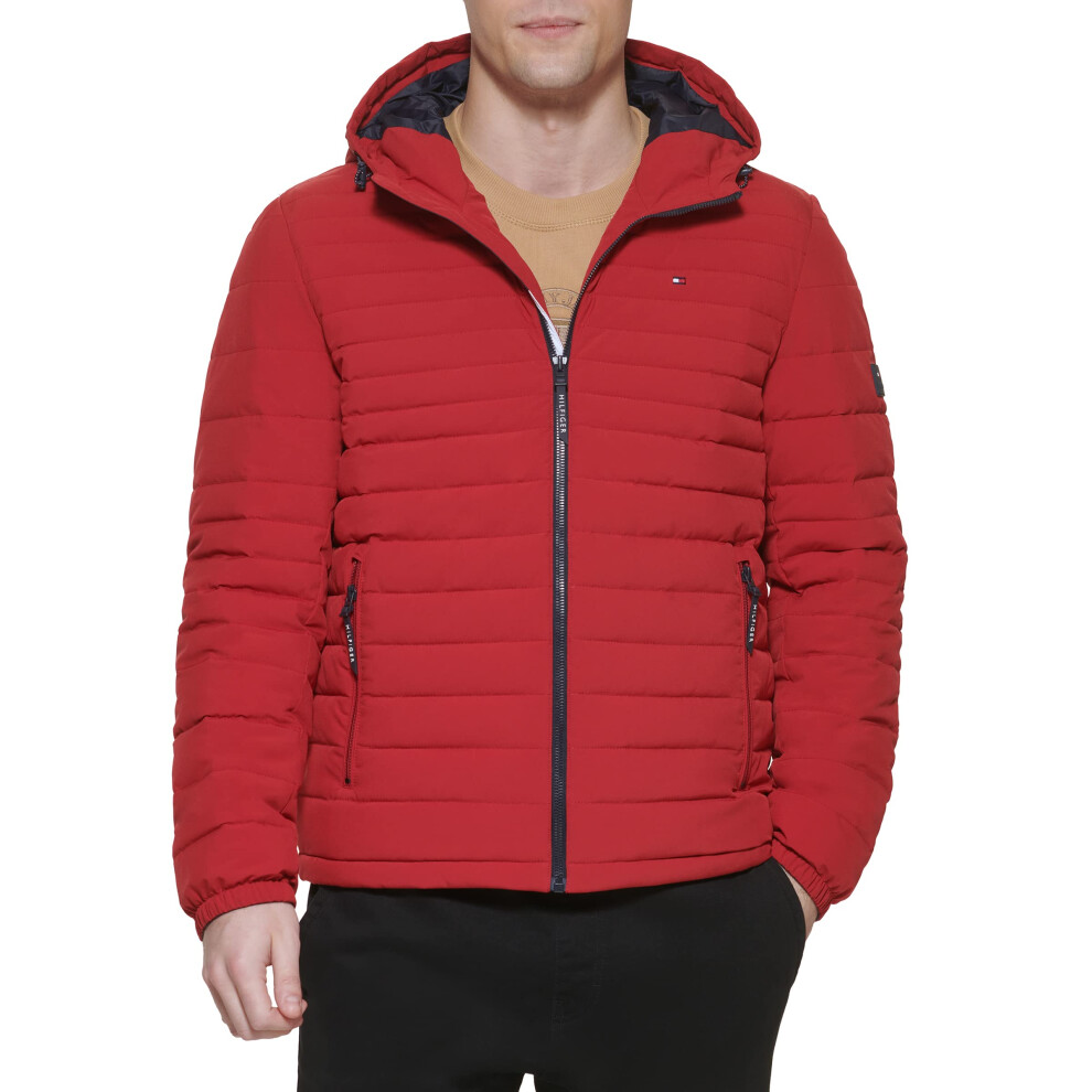 Tommy Hilfiger Men's Stretch Poly Hooded Packable Jacket  Red  Medium