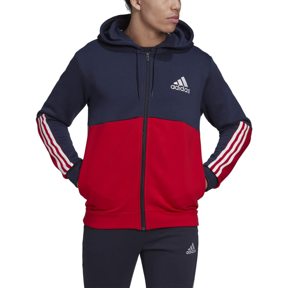 adidas Men's Essentials Colorblock Full Zip Hoodie  Ink/Scarlet  Mediu