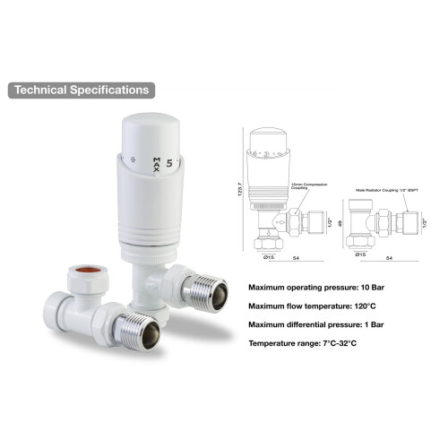 Designer White Thermostatic Radiator Valve TRV Twin Pack - Angled 1