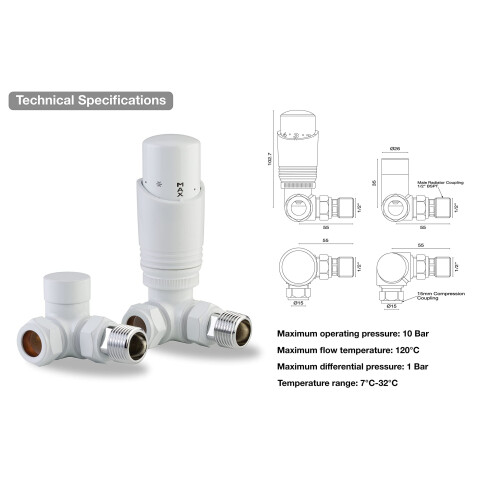 Designer White Thermostatic Radiator Valve TRV Twin Pack - Corner 1